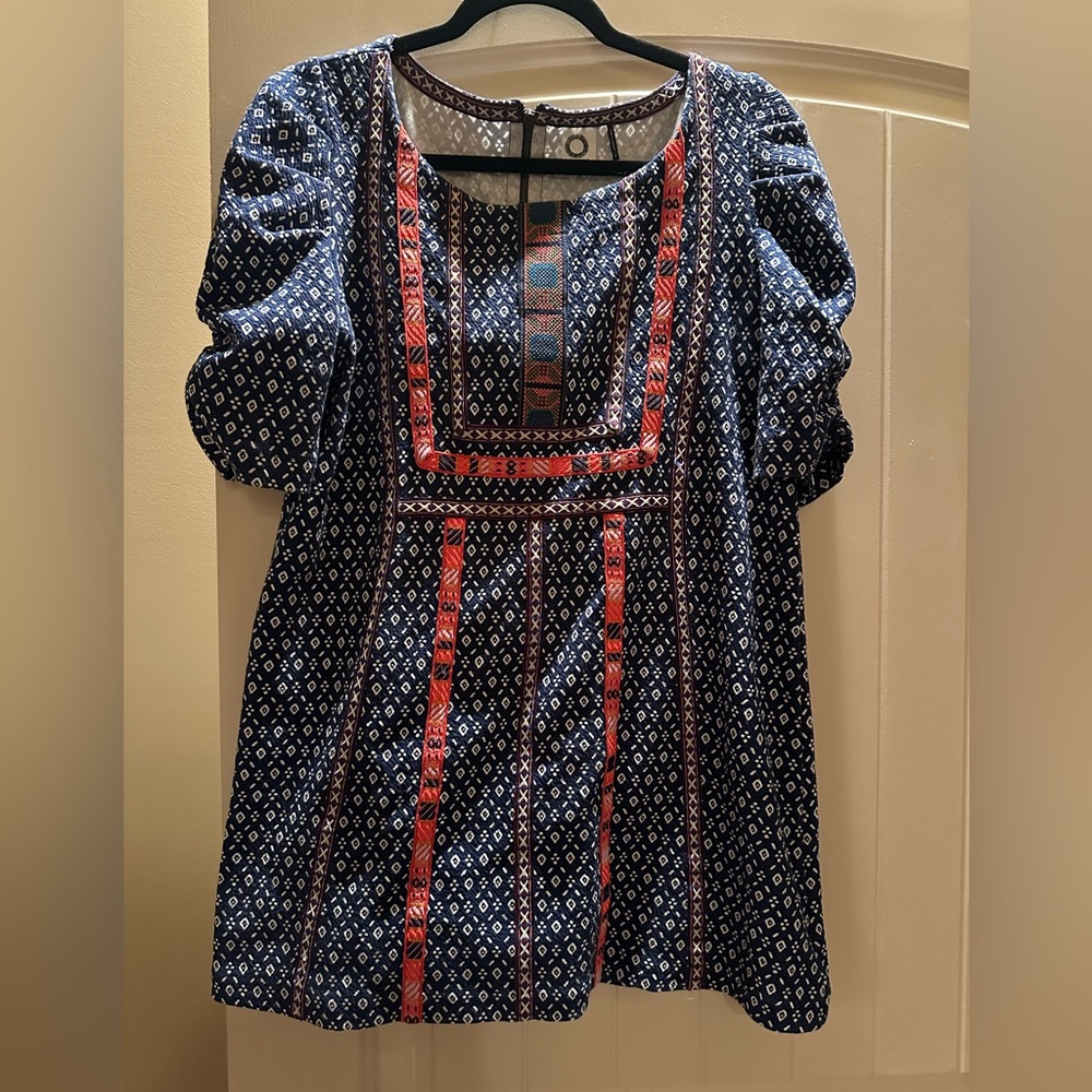Akemi + Kin Anthropologie Size M Embroidered Blue Mini Dress  Ruched Sleeve